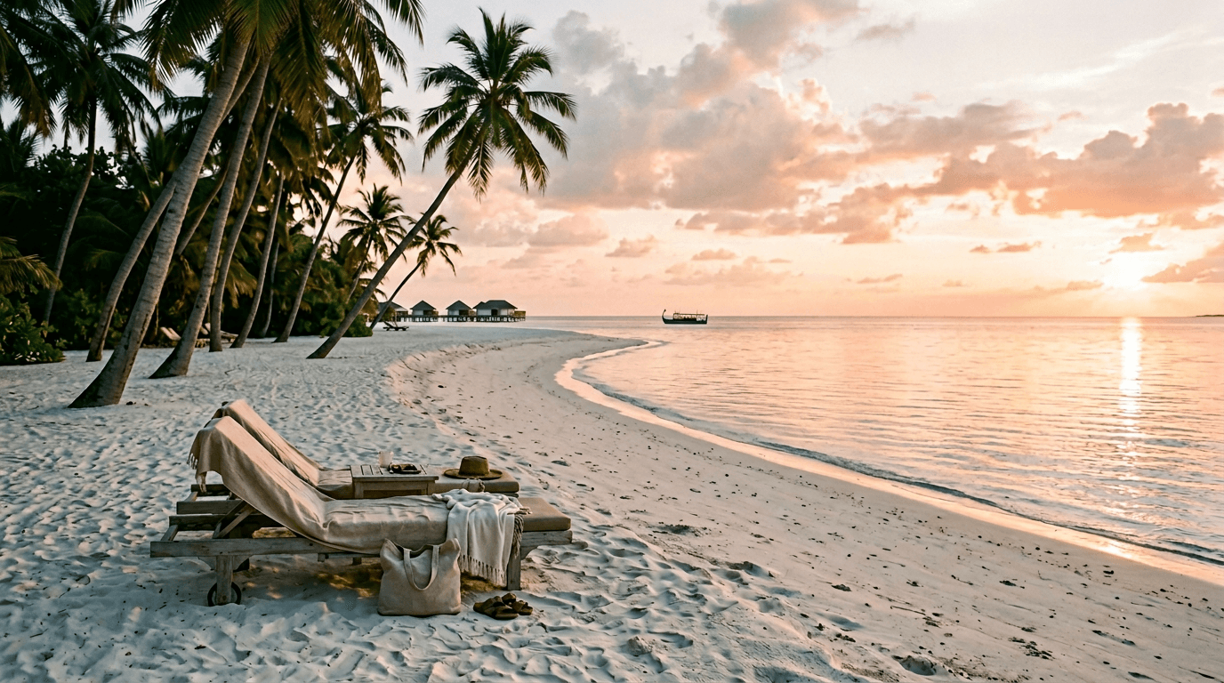 Golden hour on a Maldivian beach in Baa Atoll — palms leaning over fine white sand toward the Indian Ocean