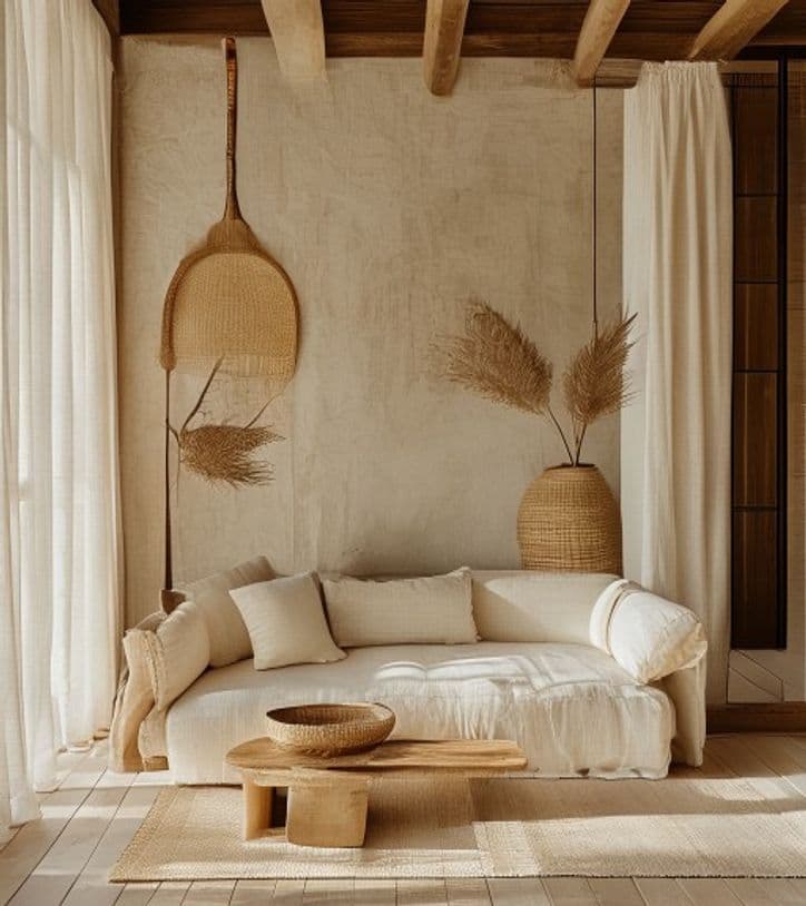 A serene island living room with linen sofa, woven palm light and driftwood table