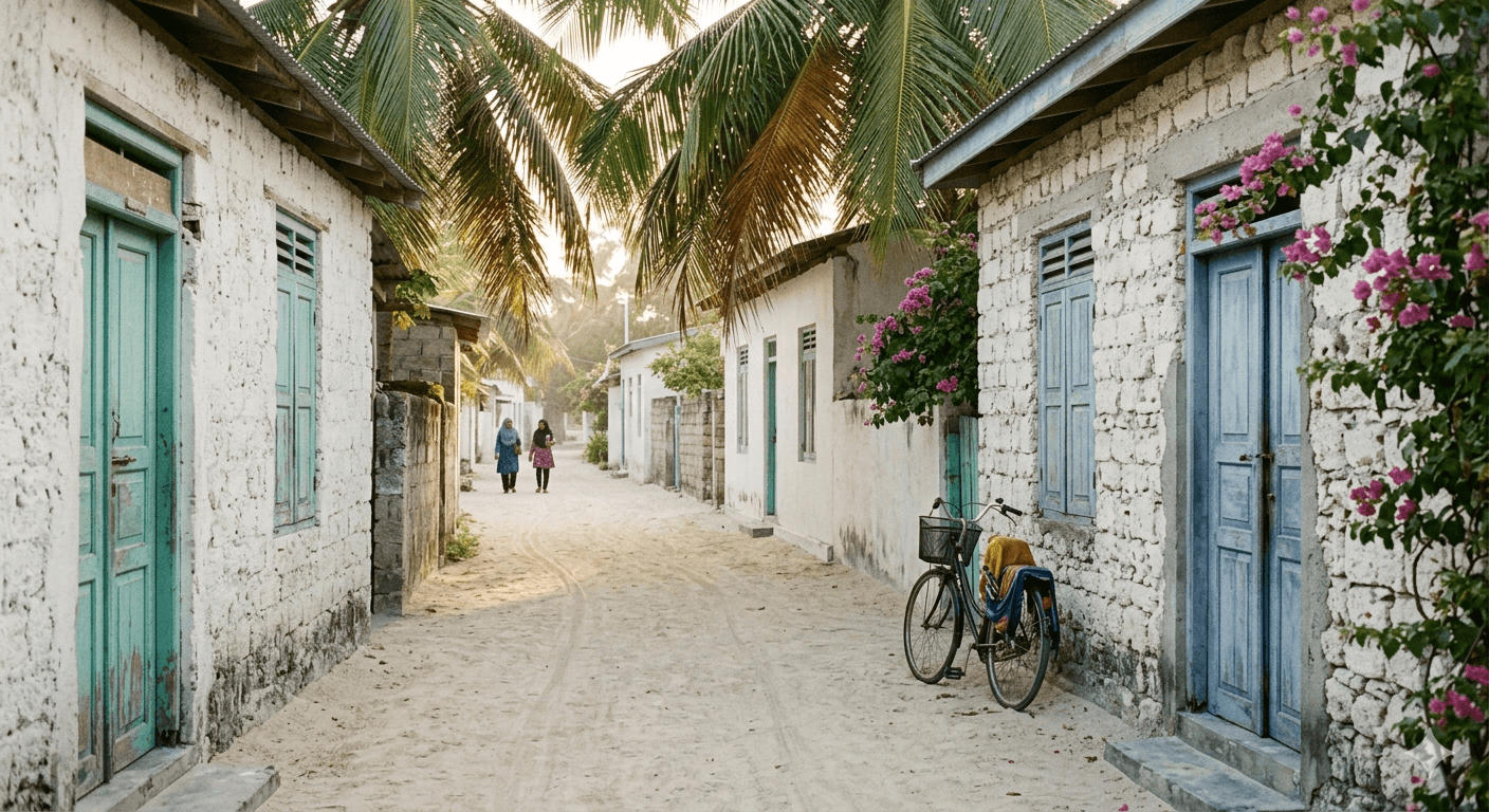 A quiet sand lane through a traditional Dharavandhoo village at warm late afternoon